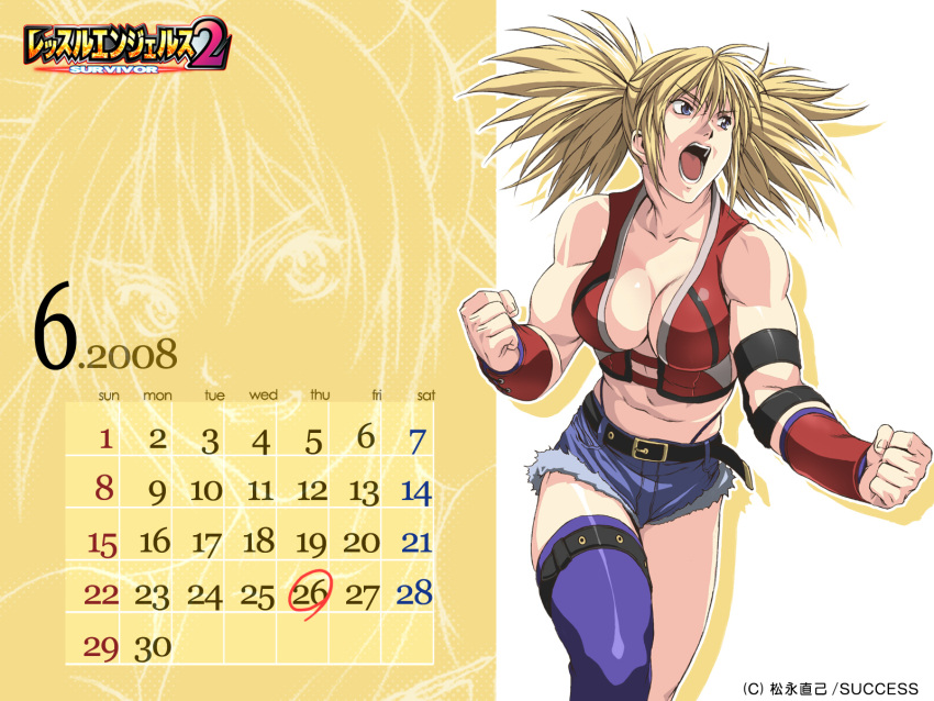 belt, blonde_hair, blue_eyes, breasts, calendar, cleavage, denim, denim_shorts