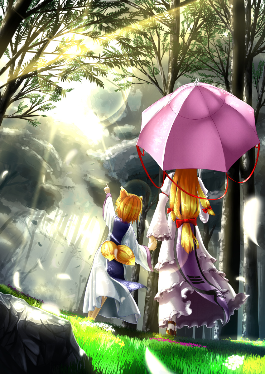 2girls, absurdres, animal_ears, bow, brown_shoes, commentary_request, crazycola, day