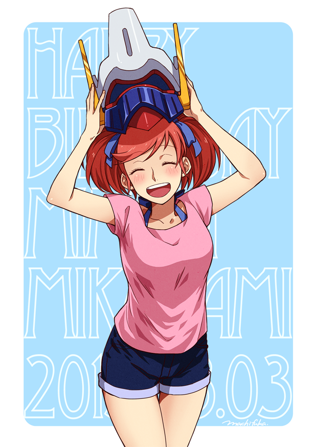1girl, :d, ^_^, blue_background, blush, character_name, closed_eyes, dated