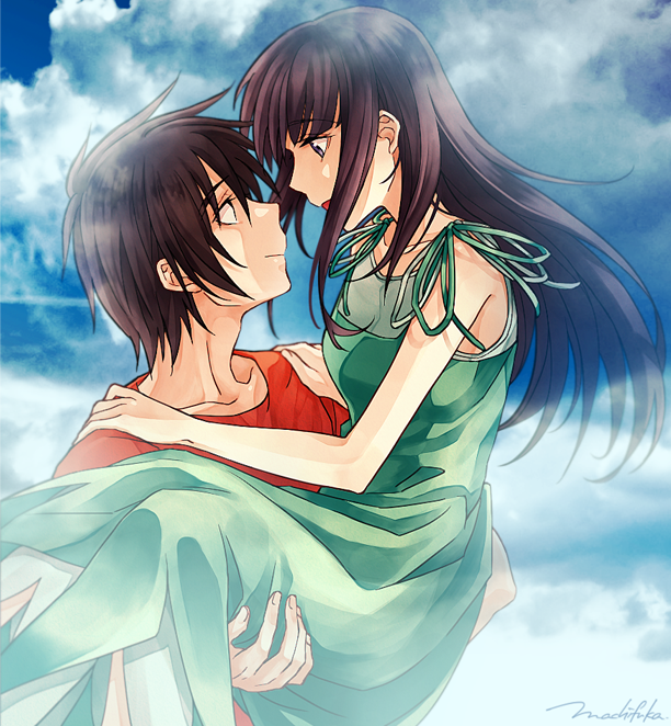 1boy, 1girl, :d, black_eyes, black_hair, blue_dress, carrying, clouds, collarbone, dress, eye_contact, face-to-face, fading, hazama_shouko, long_hair, looking_at_another, machi_fuka, makabe_kazuki, open_mouth, princess_carry, short_hair, sidelocks, sky, smile, soukyuu_no_fafner
