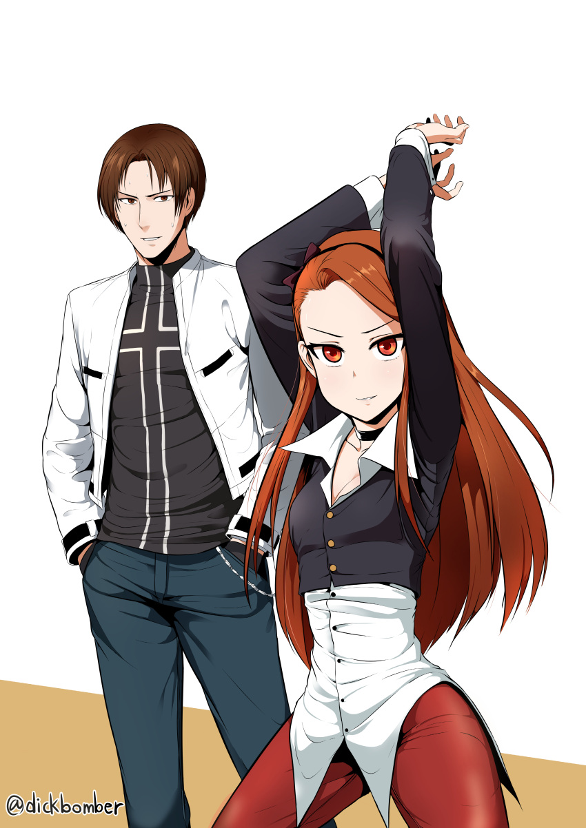 1boy, 1girl, absurdres, arms_up, brown_eyes, brown_hair, grin, hair_ribbon, hairband, hands_in_pockets, highres, idolmaster, kusanagi_kyou, leewh1515, minase_iori, namesake, red_eyes, ribbon, smile, sweat, the_king_of_fighters, twitter_username, yagami_iori, yagami_iori_(cosplay)