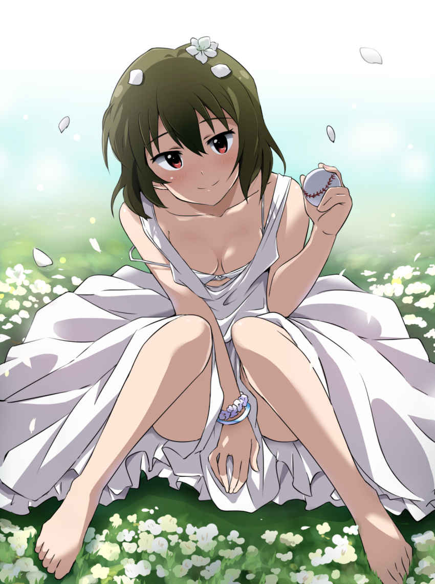 1girl, barefoot, baseball, between_legs, bra, bracelet, breasts, brown_hair