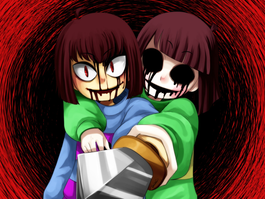 black_blood, black_sclera, blood, blood_from_mouth, bloody_tears, brown_hair, chara_(undertale), dark_persona