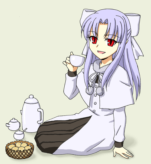 bad_id, food, long_hair, melty_blood, red_eyes, ribbon, silver_hair, sitting