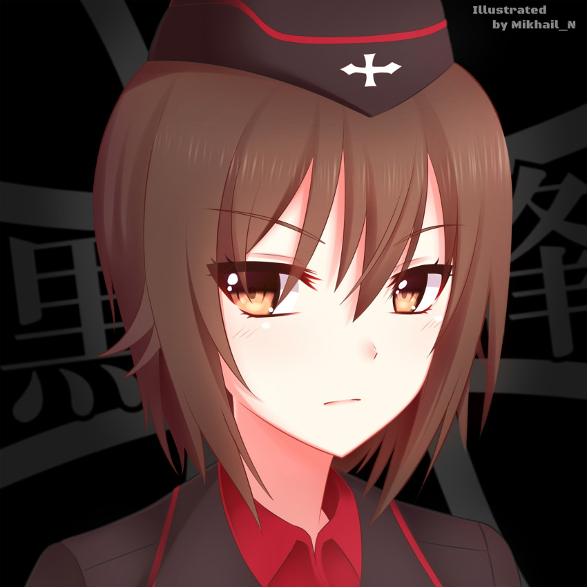 1girl, brown_eyes, brown_hair, girls_und_panzer, hat, highres, mikhail_n, military, military_uniform, nishizumi_maho, school_uniform, short_hair, uniform