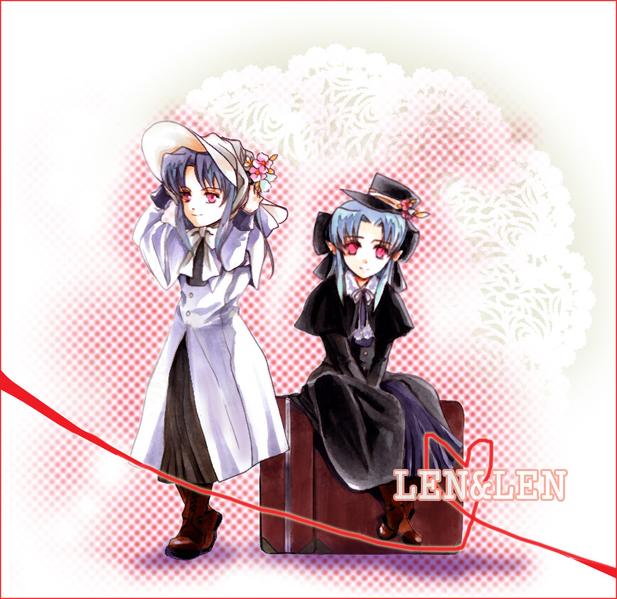 aki_(sakami), albino, bad_id, blue_hair, dress, hat, len, melty_blood