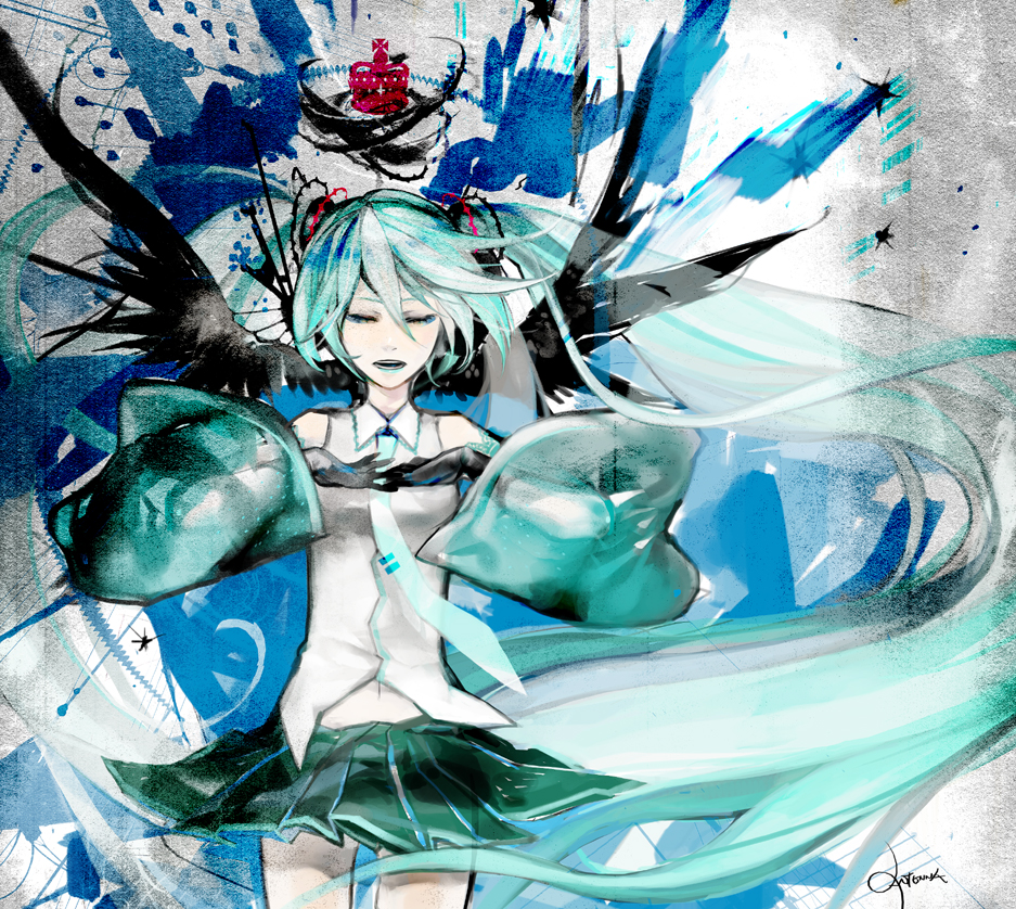 antenna2669, aqua_hair, blue_eyes, crown, detached_sleeves, gloves, hatsune_miku, long_hair