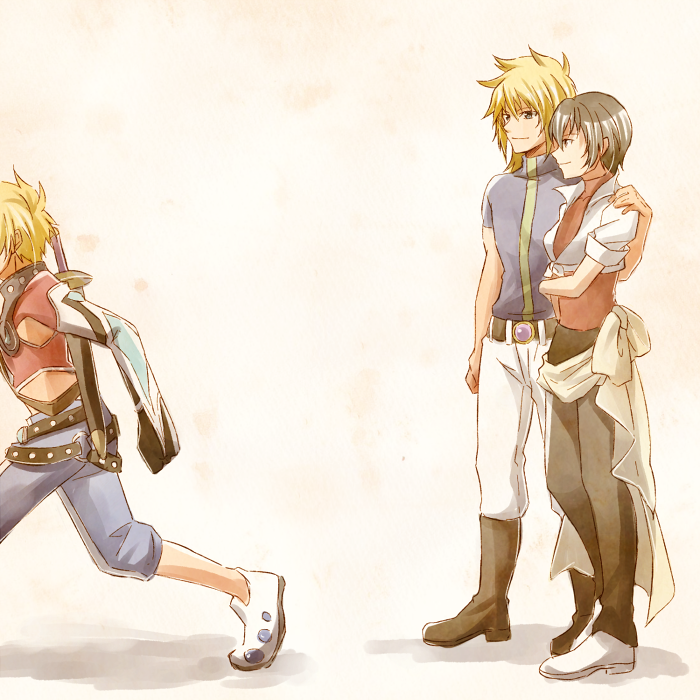 1girl, 2boys, blonde_hair, family, father_and_son, gloves, kyle_dunamis, long_hair