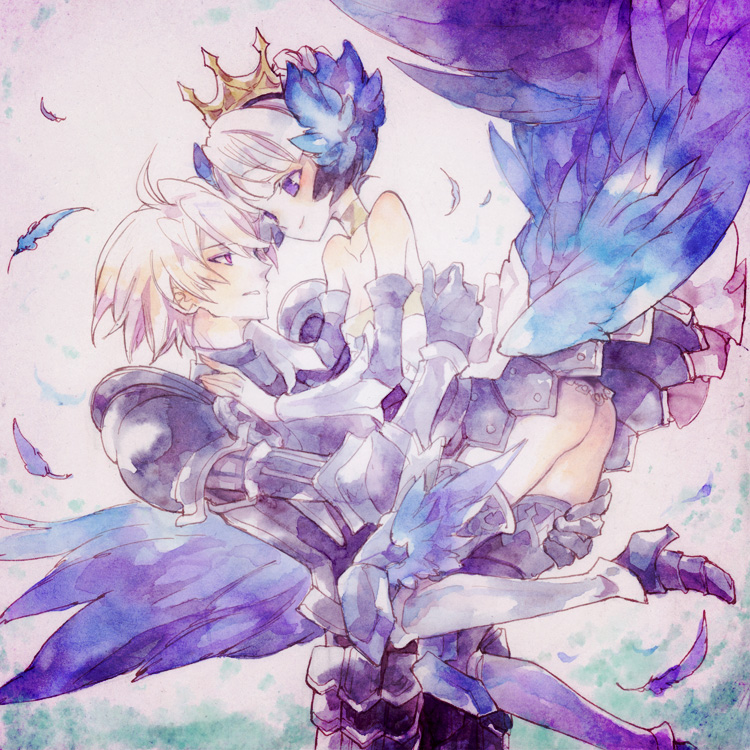 1boy, 1girl, armor, armored_dress, bare_shoulders, blue_eyes, couple, crown, dress, feathers, gloves, gwendolyn, head_wings, hetero, long_hair, nesu_(nsm888), odin_sphere, oswald, red_eyes, short_hair, strapless, strapless_dress, white_hair, wings