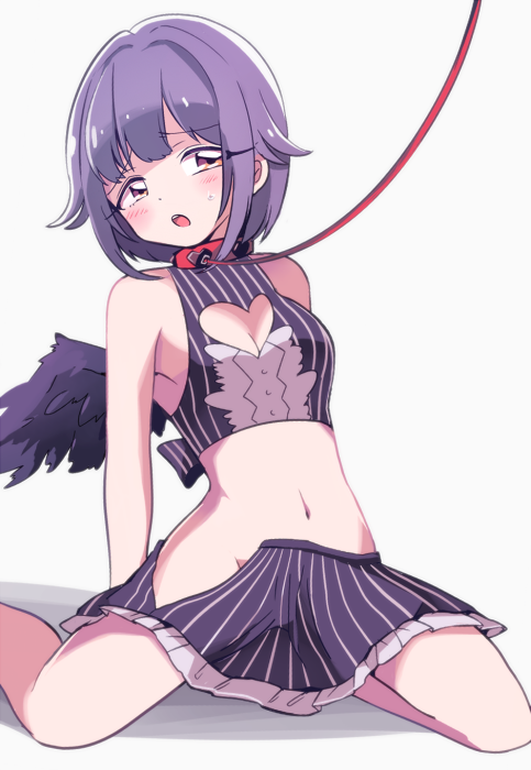 1girl, blush, brown_eyes, cleavage_cutout, hair_ornament, hairclip, idolmaster, idolmaster_cinderella_girls, koshimizu_sachiko, leash, purple_hair, short_hair, solo, south_(monookibako)