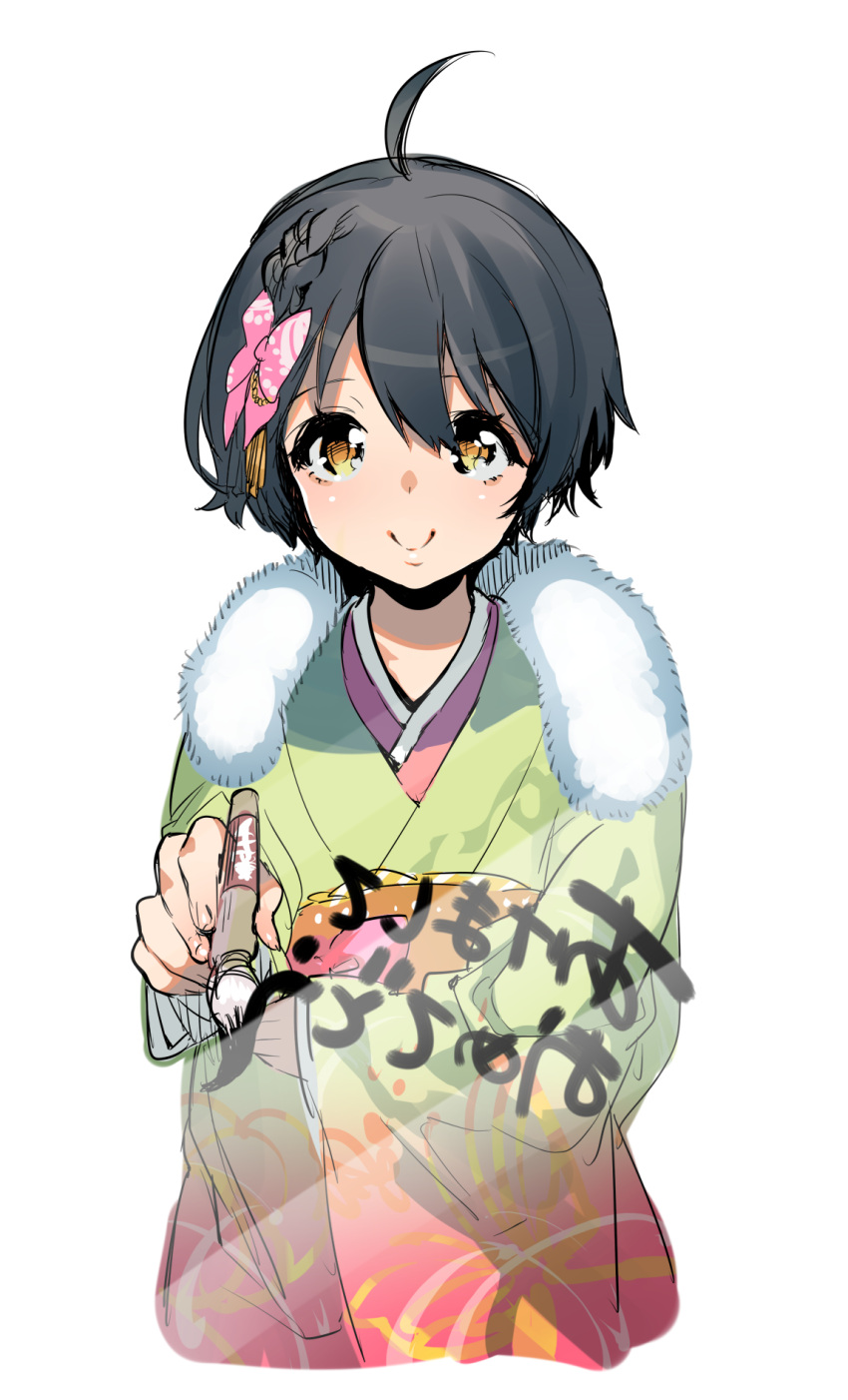 1boy, ahoge, braid, brush, fur_trim, hair_ornament, highres, japanese_clothes