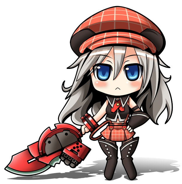 1girl, alisa_ilinichina_amiella, blue_eyes, blush_stickers, boots, chibi, elbow_gloves, fingerless_gloves, gloves, god_eater, hat, hiyori_minato, holding_weapon, huge_weapon, long_hair, looking_at_viewer, navel, pantyhose, silver_hair, simple_background, skirt, solo, suspender_skirt, suspenders, sword, thigh-highs, thigh_boots, weapon, white_background