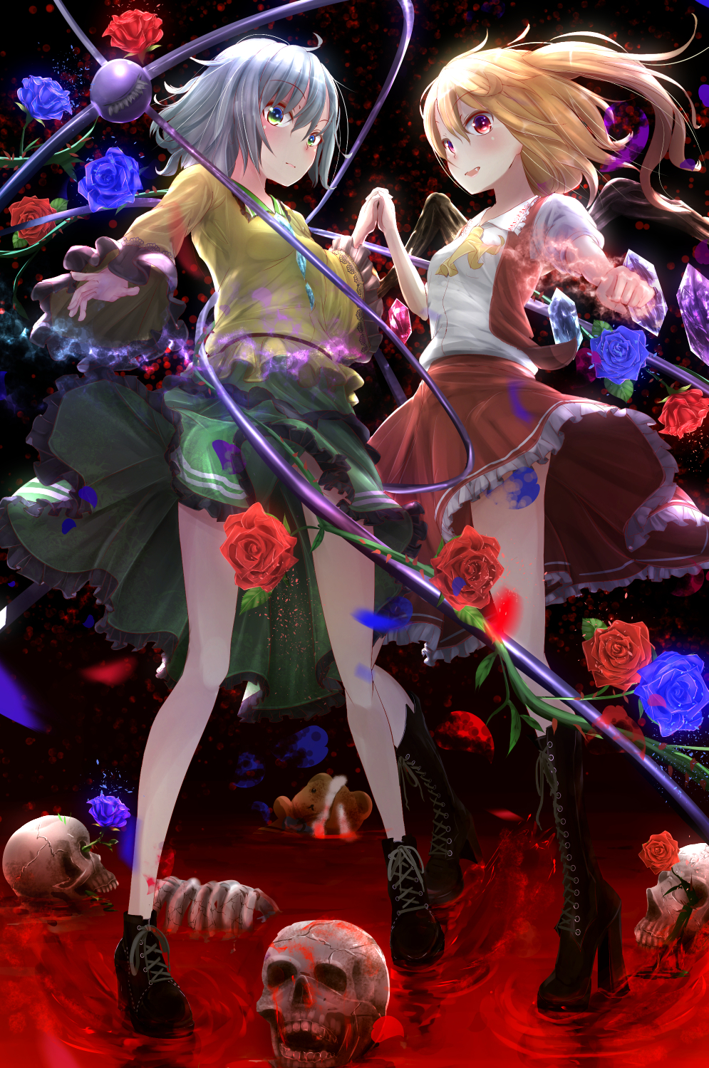 2girls, adapted_costume, alternate_costume, ascot, blonde_hair, blush, boots, cross-laced_footwear