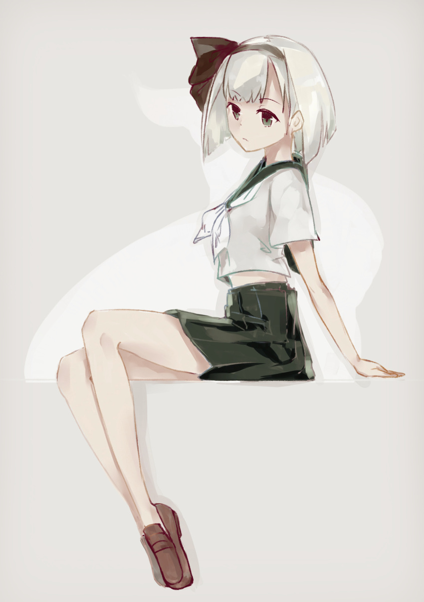 1girl, absurdres, alternate_costume, ascot, brown_shoes, c_(artist), expressionless, full_body, green_eyes, green_skirt, grey_background, hairband, highres, konpaku_youmu, legs, long_legs, looking_to_the_side, midriff, no_socks, school_uniform, serafuku, shirt, shoes, short_hair, short_sleeves, silver_hair, simple_background, sitting, skirt, solo, thighs, touhou, white_shirt