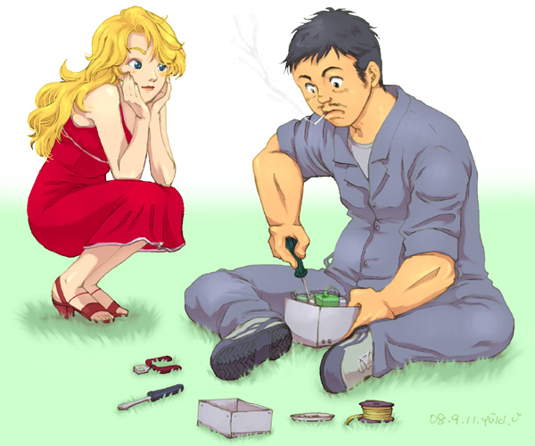 cigarette, dr._slump, dress, facial_hair, long_hair, mustache, norimaki_senbei, screwdriver