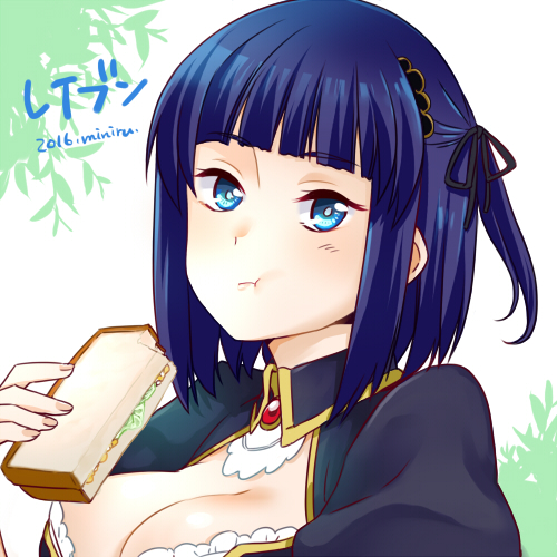 1girl, artist_name, blue_eyes, blue_hair, breasts, character_name, cleavage, eating, hair_ribbon, lowres, miniru, raven_(sennen_sensou_aigis), ribbon, sandwich, sennen_sensou_aigis, short_hair, side_ponytail, upper_body