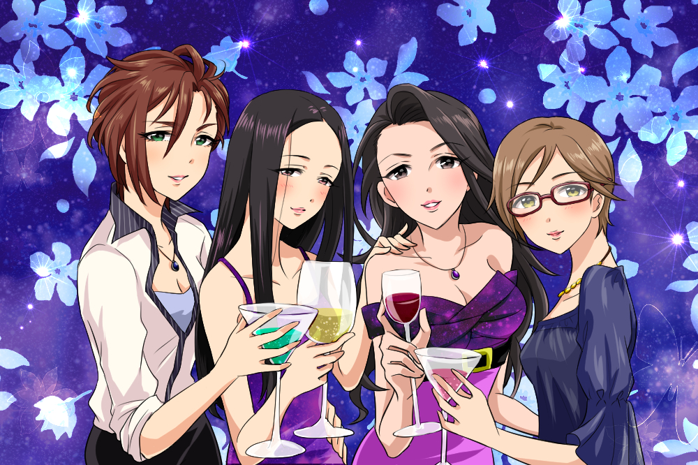 aikawa_chinatsu, alcohol, black_hair, blush, breasts, brown_eyes, brown_hair, cleavage, collarbone, cup, dress, drink, drinking, drinking_glass, floral_print, glasses, hiiragi_shino, idolmaster, idolmaster_cinderella_girls, jewelry, kiba_manami, long_hair, looking_at_viewer, multiple_girls, necklace, open_mouth, popon_ta, redhead, short_hair, smile, takahashi_reiko, wine, wine_glass, yellow_eyes