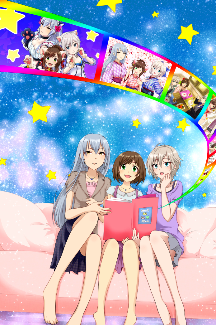 3girls, alternate_hairstyle, anastasia_(idolmaster), animal_ears, blue_eyes, book, bow, breasts