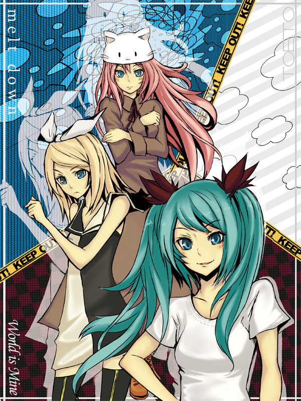 animal_hat, aqua_hair, blonde_hair, blue_eyes, blush, caution_tape, dress, hair_ribbon