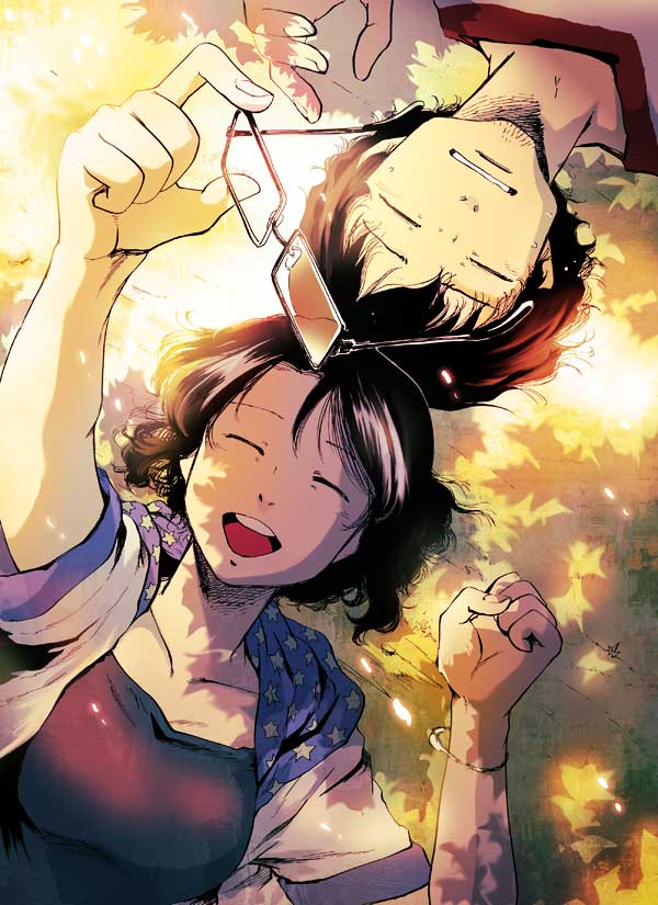 1boy, 1girl, black_hair, closed_eyes, facial_hair, fluid_rat, glasses, glasses_removed, lying, mizuki_(fluid_rat), sainen_(fluid_rat), sakakibara-rem, short_hair, smile, stubble