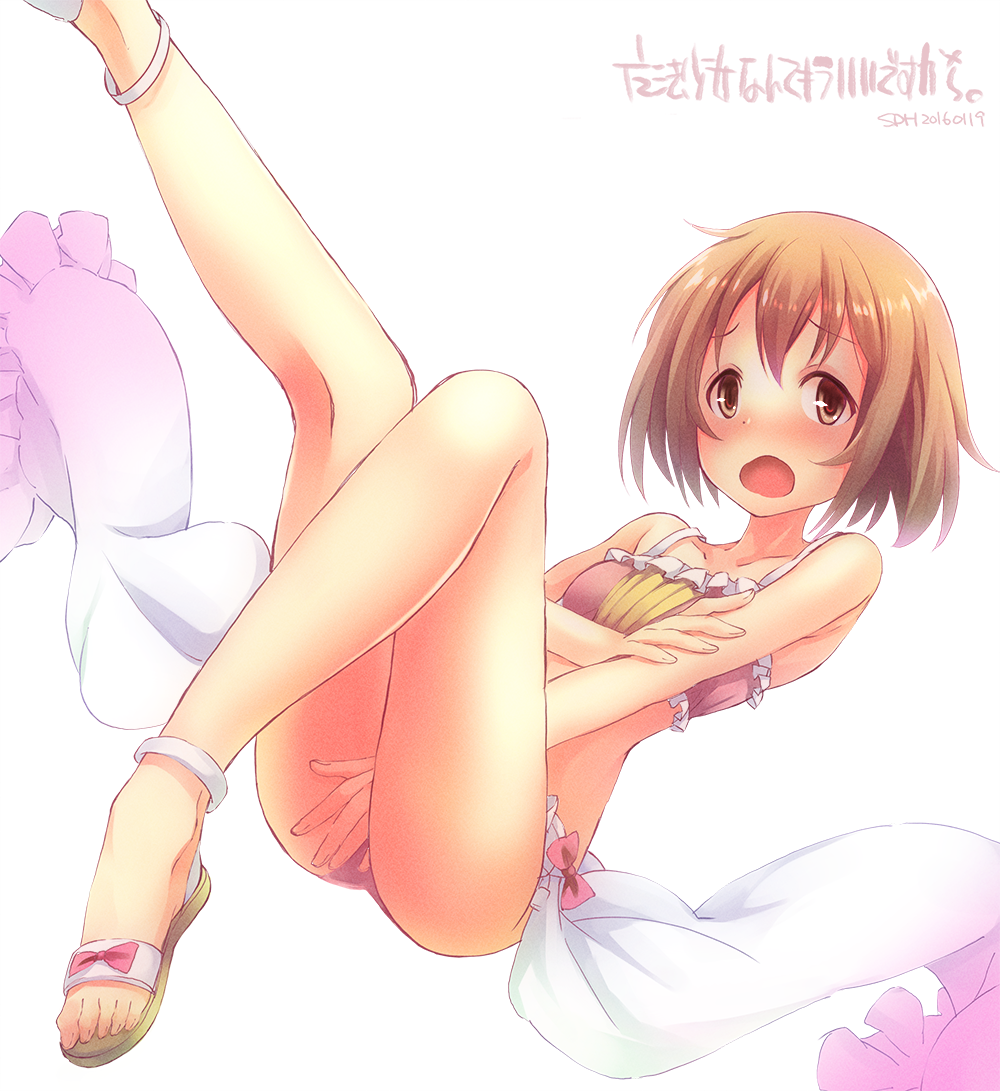 1girl, bikini, blush, brown_eyes, brown_hair, falling, hanami_yuzuka, kneepits, leg_lift, legs, mahou_shoujo_nante_mou_ii_desukara., open_mouth, pink_bikini, sandals, sasakawa_arumi, short_hair, showgirl_skirt, solo, swimsuit, toes