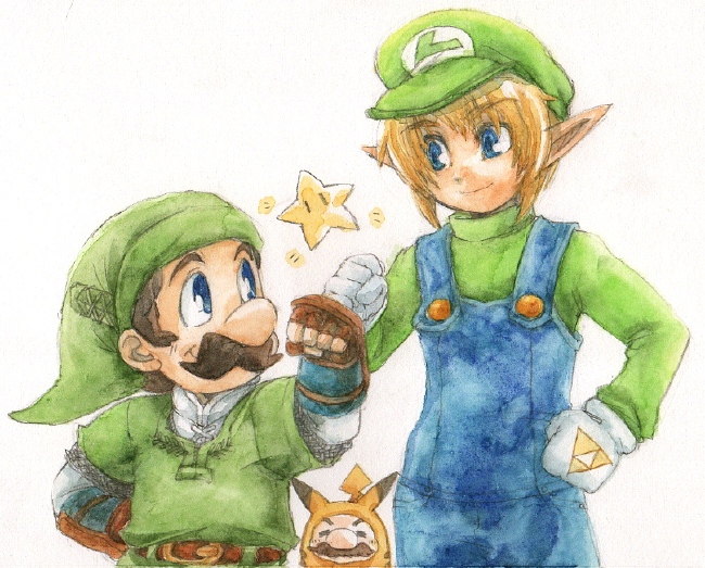 blonde_hair, blue_eyes, brown_hair, cosplay, costume, costume_switch, facial_hair, fist_bump