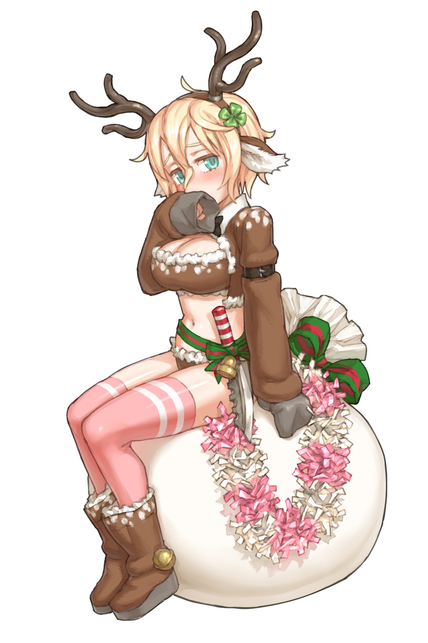 1girl, animal_ears, antlers, aqua_eyes, artist_request, blonde_hair, boots, breasts