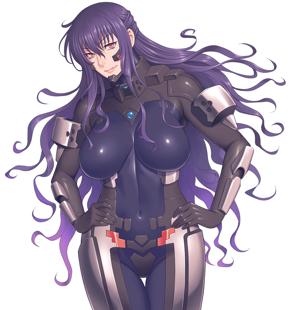 1girl, bodysuit, breasts, character_request, covered_navel, curly_hair, large_breasts, long_hair