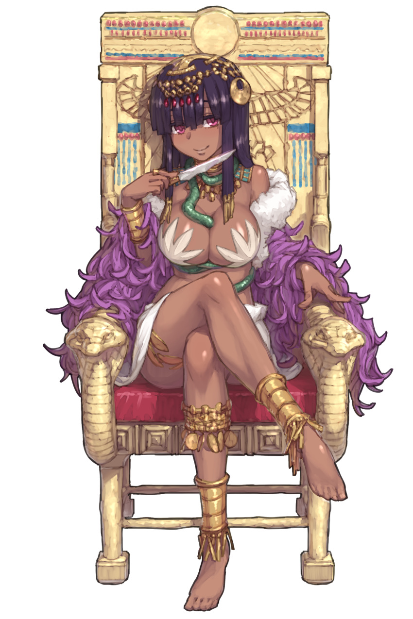 1girl, barefoot, between_breasts, black_hair, breasts, chair, character_request, crossed_legs