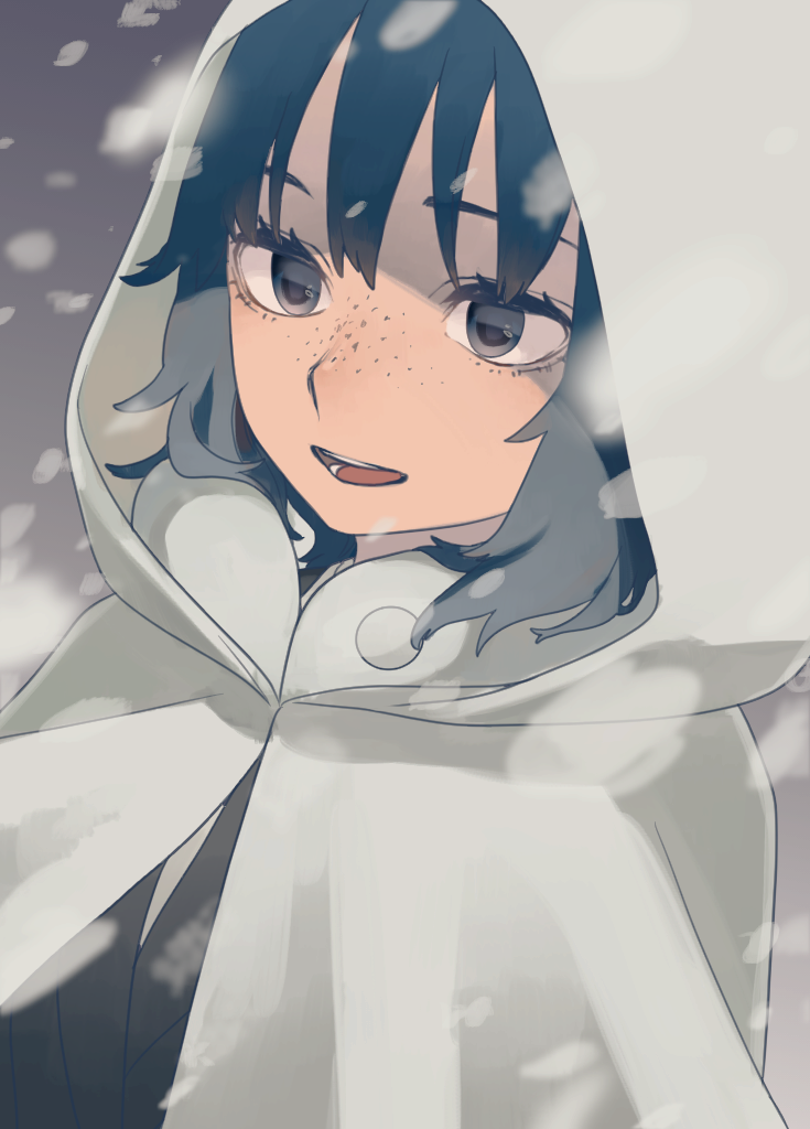 1girl, black_eyes, black_hair, freckles, hatohara_mirai, hood, snowing, solo
