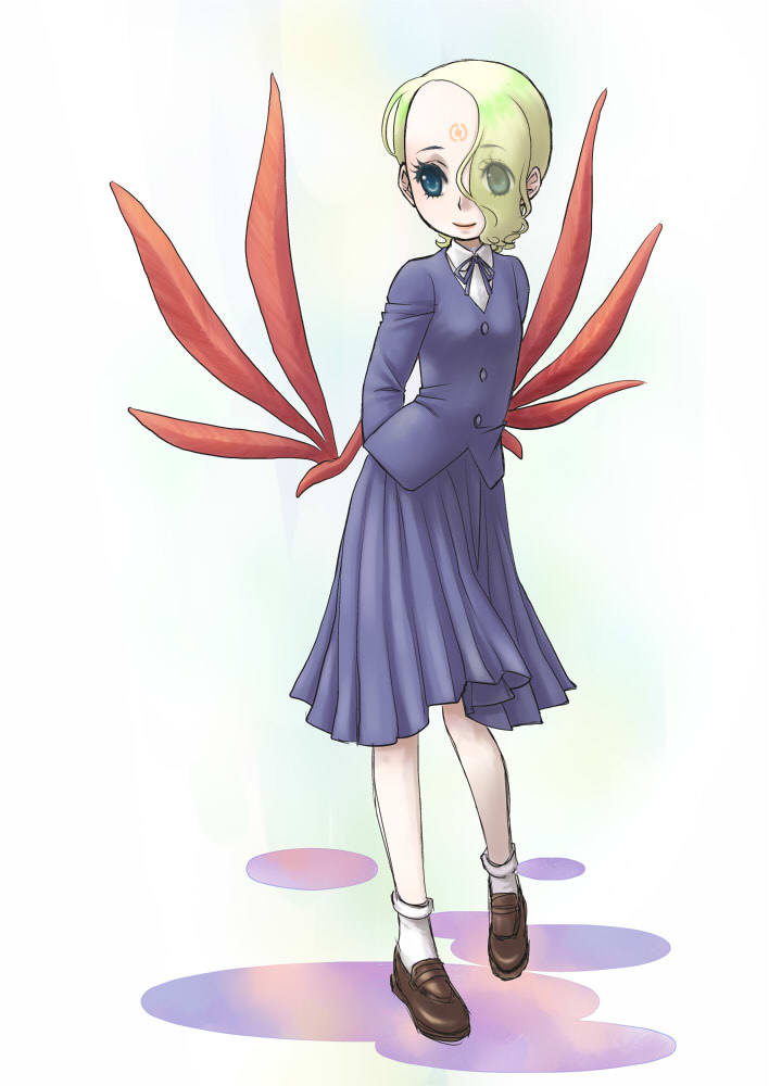 blonde_hair, blue_eyes, breath_of_fire, breath_of_fire_v, hair_over_one_eye, nina_(breath_of_fire_v), nina_v, school_uniform, short_hair, syri, translucent_hair, wings