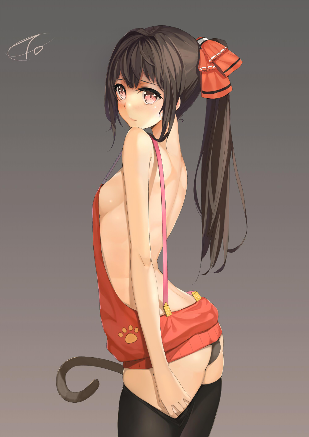 1girl, between_legs, black_hair, black_legwear, blush, bow, breasts, cat_tail