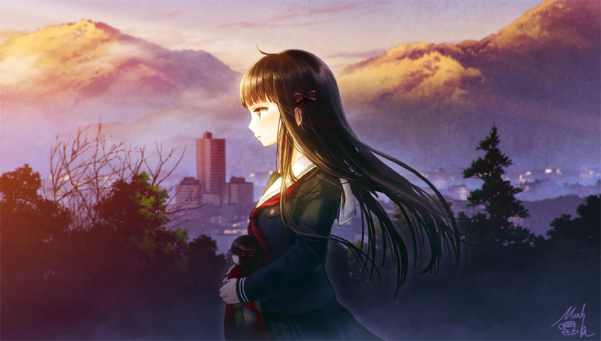 1girl, black_hair, city, doll, hair_ornament, hime_cut, iwaihime, kurokami_toe