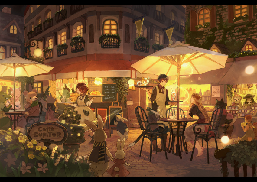 1boy, 2girls, :3, ^_^, ahoge, animal, animal_ears, apron