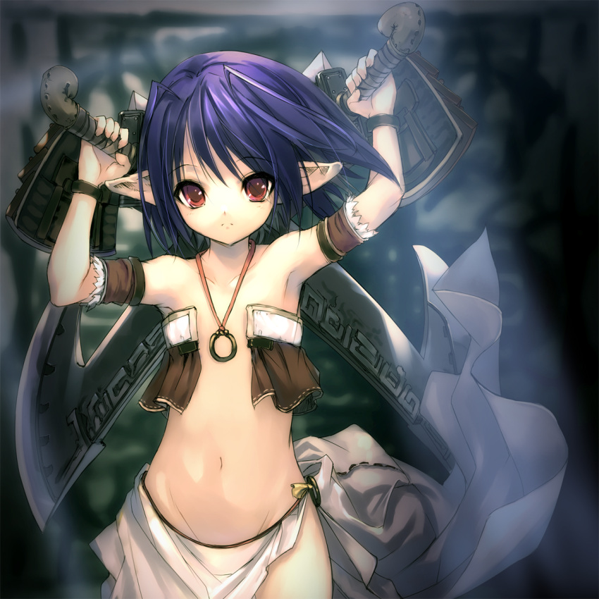 bare_shoulders, blue_hair, child, dual_wield, dual_wielding, elf, fantasy, flat_chest