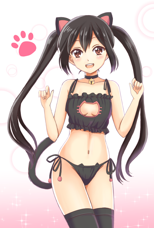 1girl, black_hair, brown_eyes, cat_cutout, cat_keyhole_bra, cat_lingerie, k-on!, long_hair