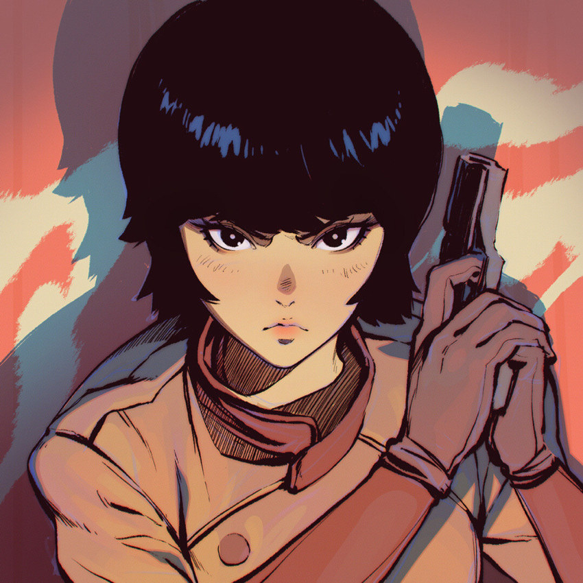 1girl, akira, black_eyes, black_hair, gun, highres, ilya_kuvshinov, kei_(akira), short_hair, solo, weapon