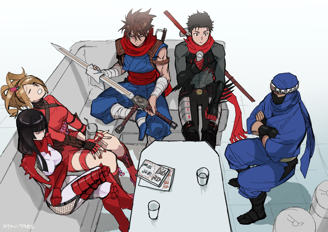 2girls, 3boys, artist_name, bandaged_arm, bandaged_leg, bandages, belt, black_gloves