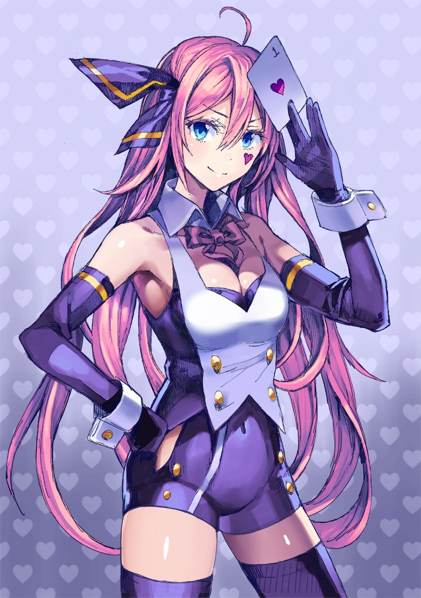 1girl, ahoge, armpits, between_breasts, between_fingers, blackjack_(vocaloid), blue_eyes, bow