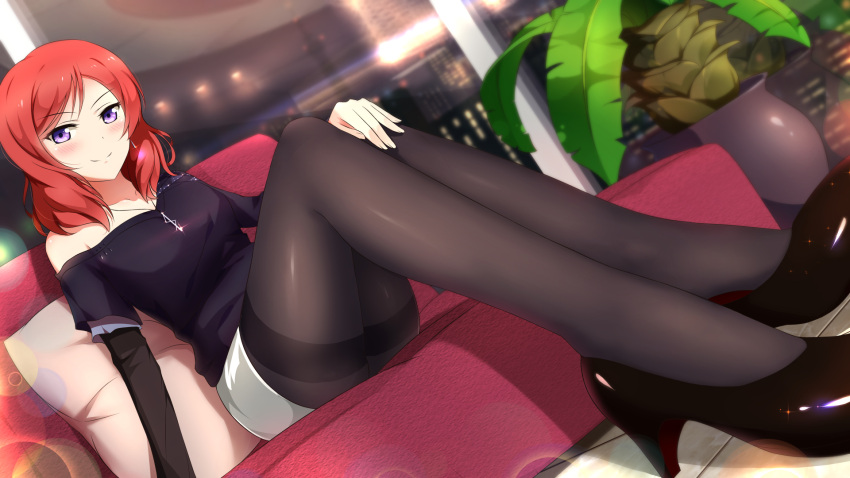 1girl, alternate_costume, bangs, bare_shoulders, black_legwear, black_shoes, blurry, bokeh