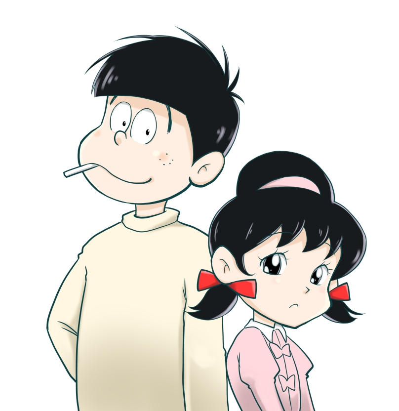 1boy, 1girl, black_hair, brother_and_sister, cigarette, freckles, hair_ribbon, hairband