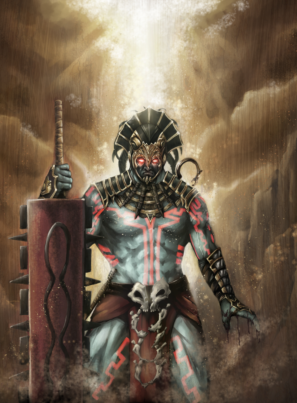 1boy, abs, artist_request, blood, dust, glowing, glowing_eyes, highres, kotal_kahn, mortal_kombat, mortal_kombat_x, solo, sword, weapon