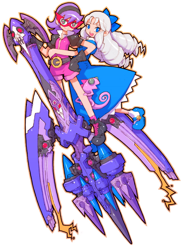2girls, :d, battle_spirits, battle_spirits:_shounen_toppa_bashin, belt, blue_eyes, bodysuit, bow