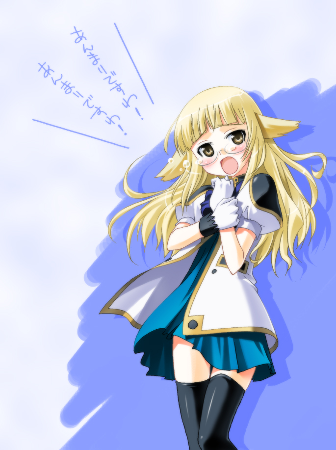 bad_id, blonde_hair, blush, brown_eyes, cosplay, galaxy_angel, glasses, long_hair