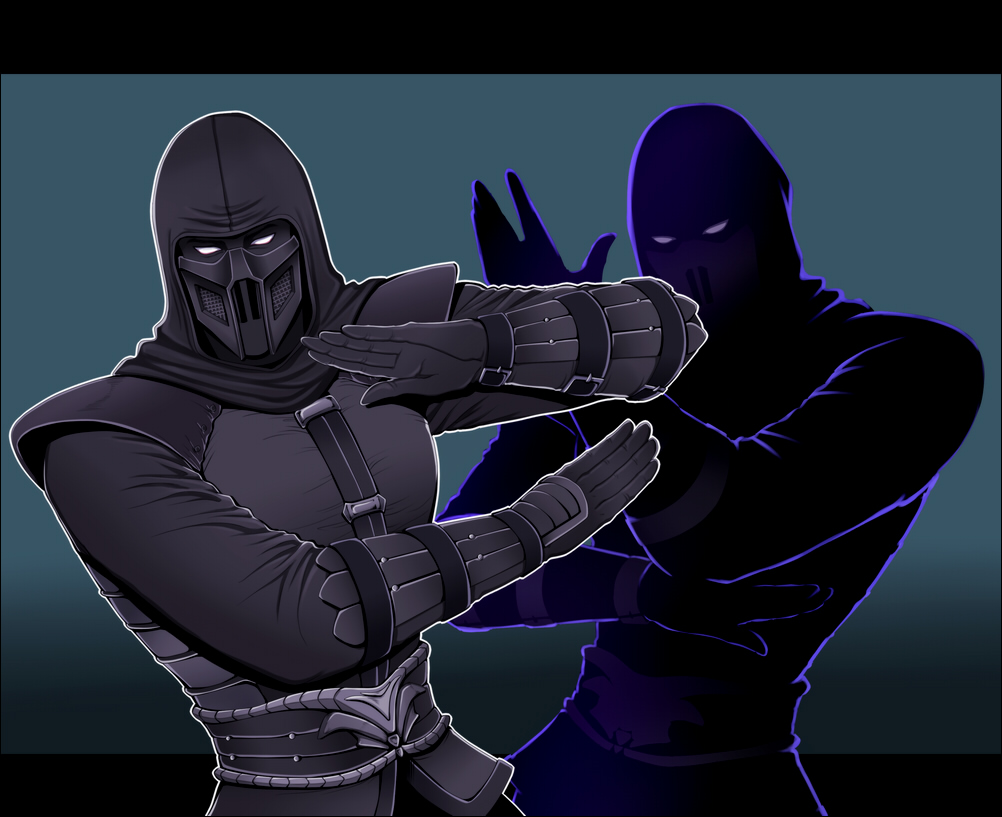 1boy, blue_background, gloves, mask, mortal_kombat, ninja, noob_saibot, shadow, shiemasu, solo, white_eyes
