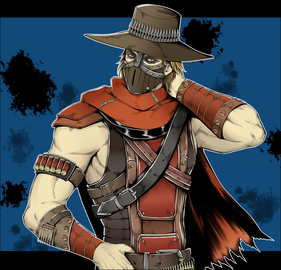 1boy, blue_background, brown_eyes, brown_hair, bullet, cape, erron_black, hat, mask, mortal_kombat, mortal_kombat_x, shiemasu, solo