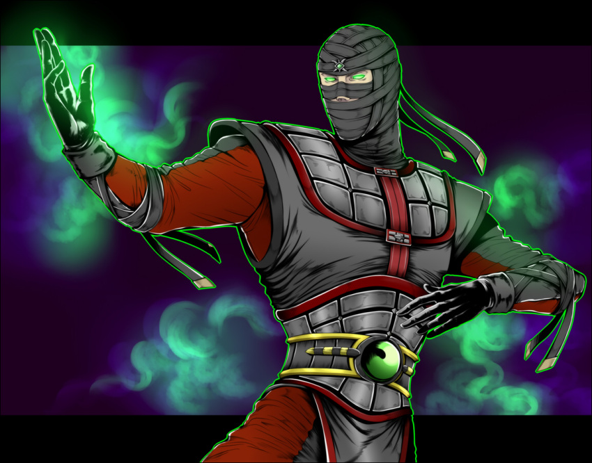 bandages, ermac, gloves, glowing, glowing_eyes, green_eyes, mask, mortal_kombat
