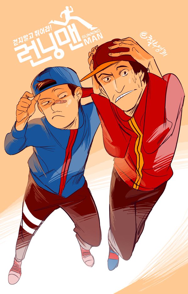 2boys, bandages, beard, clenched_teeth, copyright_name, eyebrows, facial_hair, ha_dong_hoon, hat, korean, lee_kwang_soo, logo, multiple_boys, mustache, nayadaeun, real_life, running_man, sweat, teeth