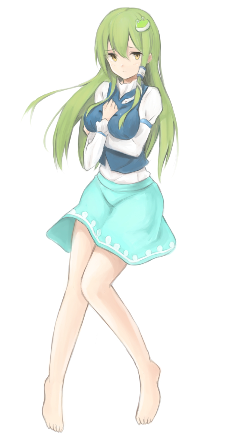 1girl, barefoot, cosplay, frog_hair_ornament, green_hair, hair_ornament, hair_tubes, highres