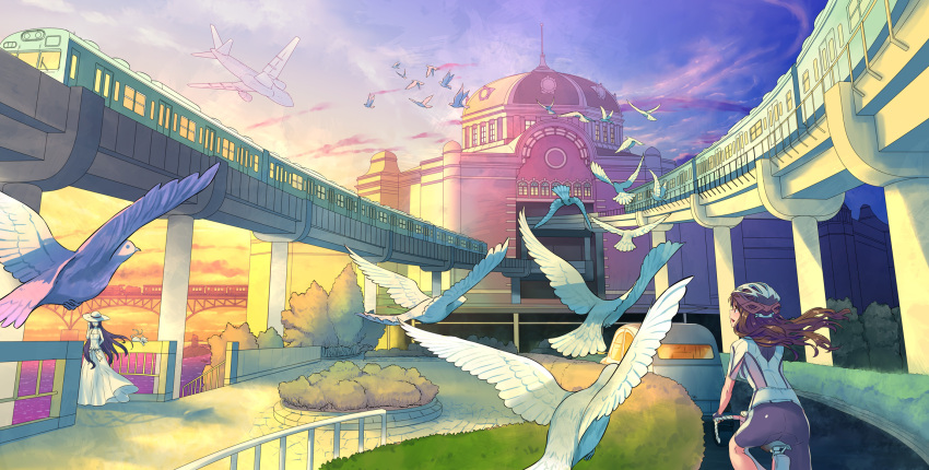 2girls, airplane, bicycle, bicycle_helmet, bicycle_riding, bike_shorts, bird, bridge